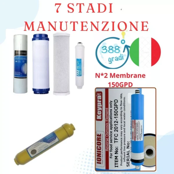 KIT COMPLETO PURIFICATORE OSMOSI - 4 FILTRI + 2 MEMBRANE DA 150 GPD + 1 MINERALE