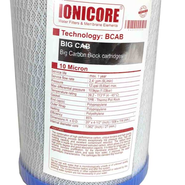 Ionicore cartuccia BIG CAB carbon block 20" - 10 micron - immagine 2