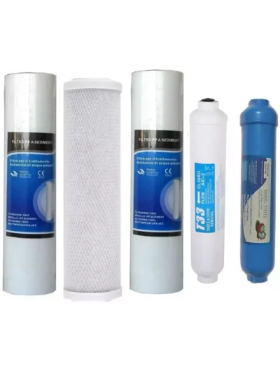 kit filtri per osmosi 7 stadi  1 filtro sedimenti 5 micron 2 filtro cto carboni  3 filtro sedimenti 1 micron 4 t33 carboni attivi 5 t33-3 carboni attivi argentizzati antibatterico