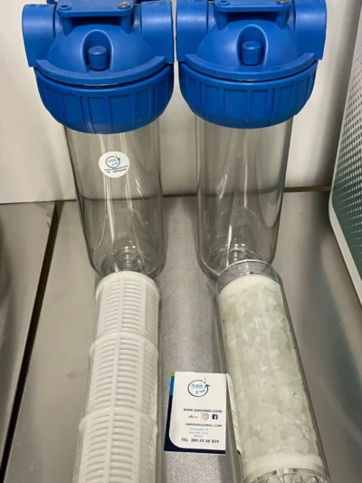 FILTRO ACQUA DOPPIO SX ADDOLCITORE ANTICALCARE E IMPURITA’ 3/4 ” POLIFOSFATO